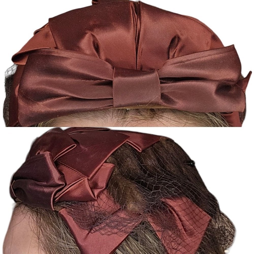 1950s Small Hat Brown Fur Fabric Bow Netting Rust Orange Organza Housewife - Picture 1 of 11